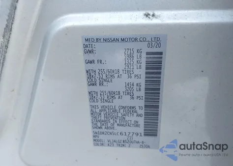 2020 Nissan Pathfinder Sl 2Wd из США, поврежденный, VIN 5N1DR2CN5LC617791